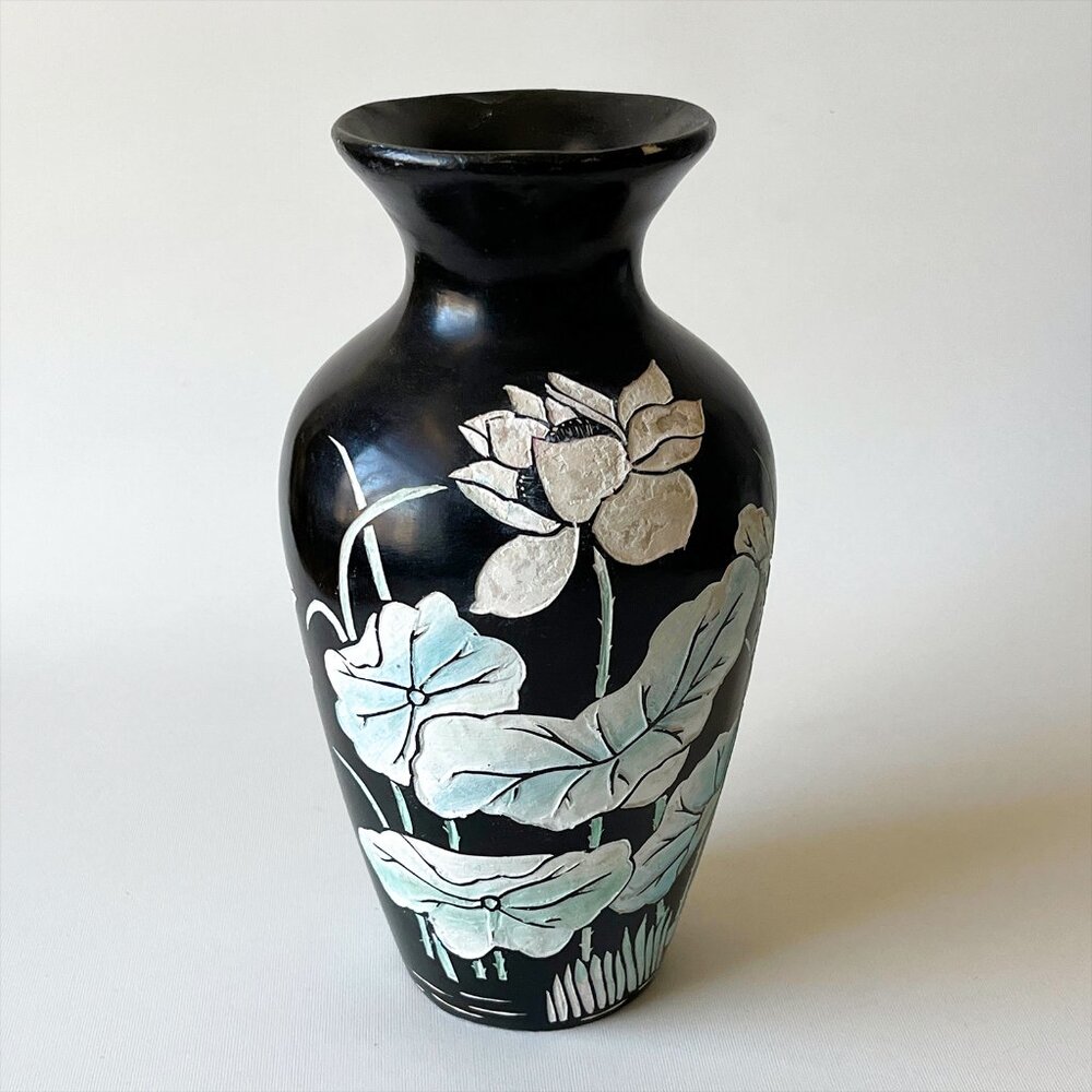 Vtg Hand Carved Cold-Painted Lotus Floral Ceramic Vase Oriental Chinoiserie